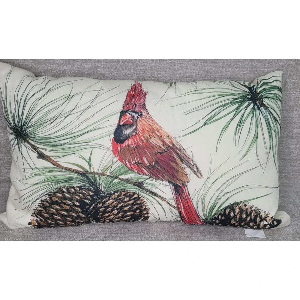 Pottery Barn Cardinal Pinecone Lumbar Pillow 16x26 Winter Christmas Decor RARE